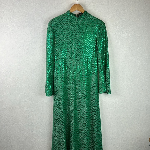 Vintage Mollie Parnis Boutique 1960’s long emerald green sequin mock neck gown - Picture 9 of 13